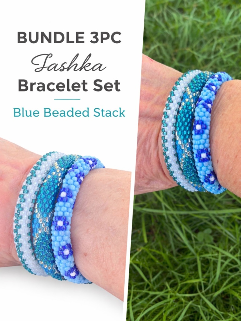 3 Piece Bundle  Sashka Glass Beaded Stacked Bracelets | Blue White Silver